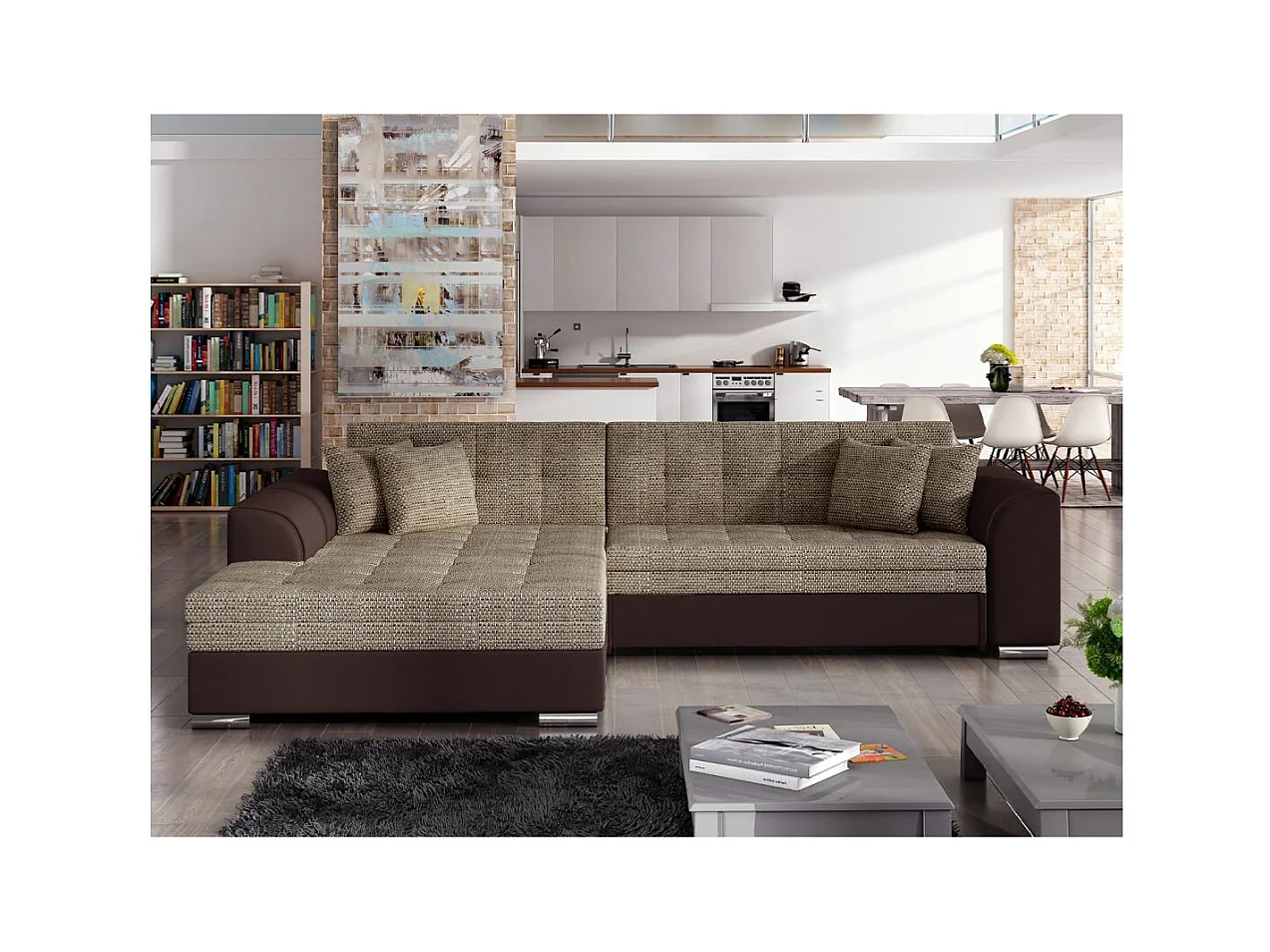 Canapé d'angle gauche 4 places NILA convertible en simili et tissu - Marron/Beige