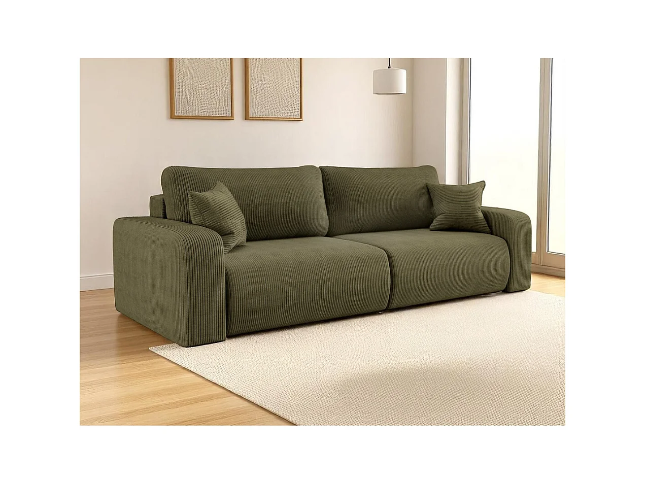 Canapé droit 3 places ALYA convertible en velours côtelé - Vert kaki