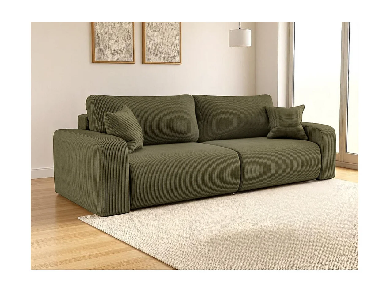 Canapé droit 3 places ALYA convertible en velours côtelé - Vert kaki