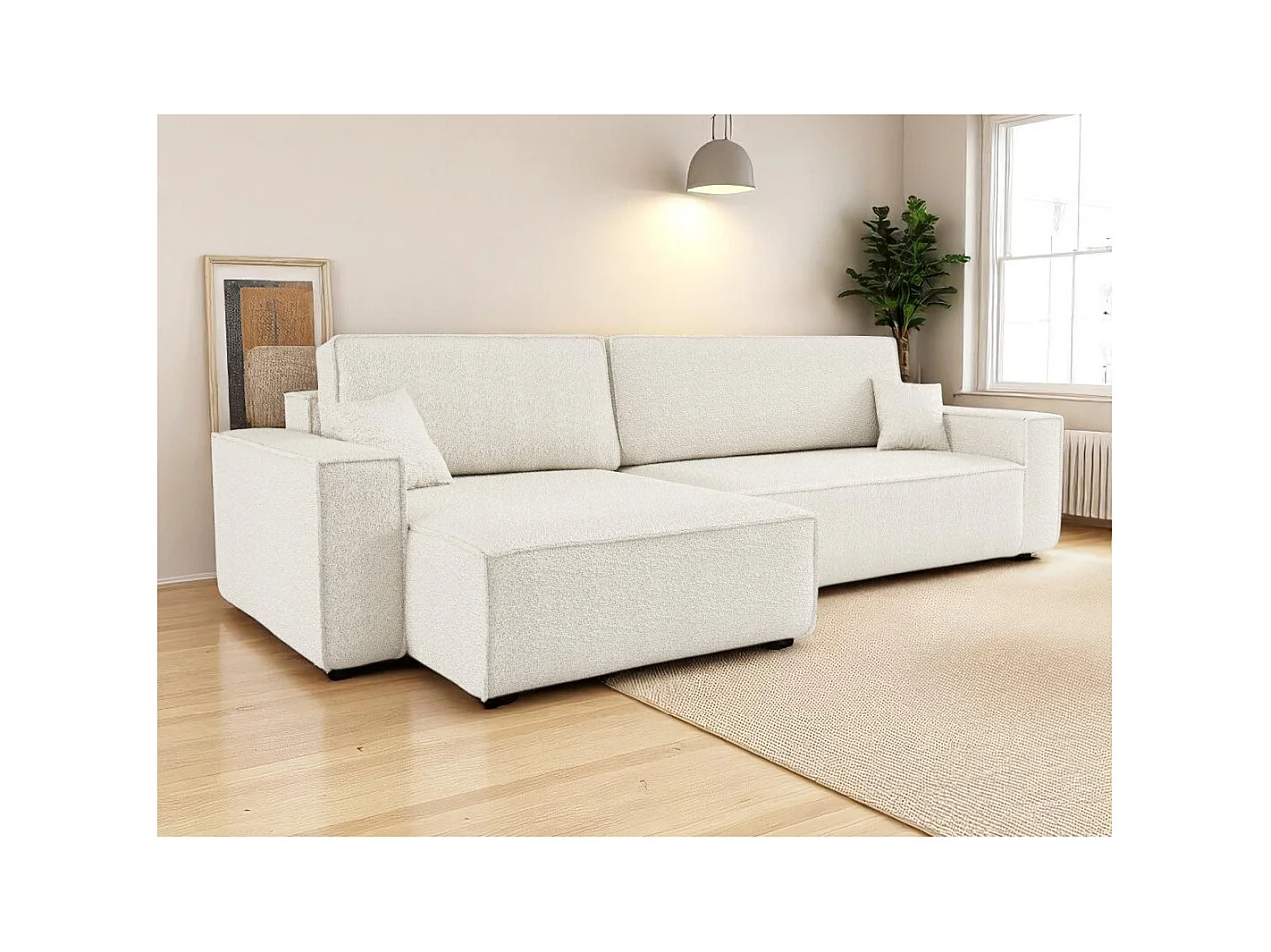 Canapé FARAH d'angle max réversible et convertible 5 places en tissu bouclette - Blanc