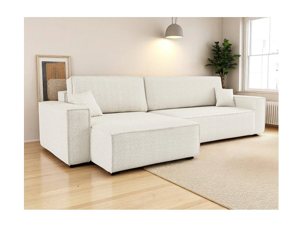 Canapé FARAH d'angle max réversible et convertible 5 places en tissu bouclette - Blanc