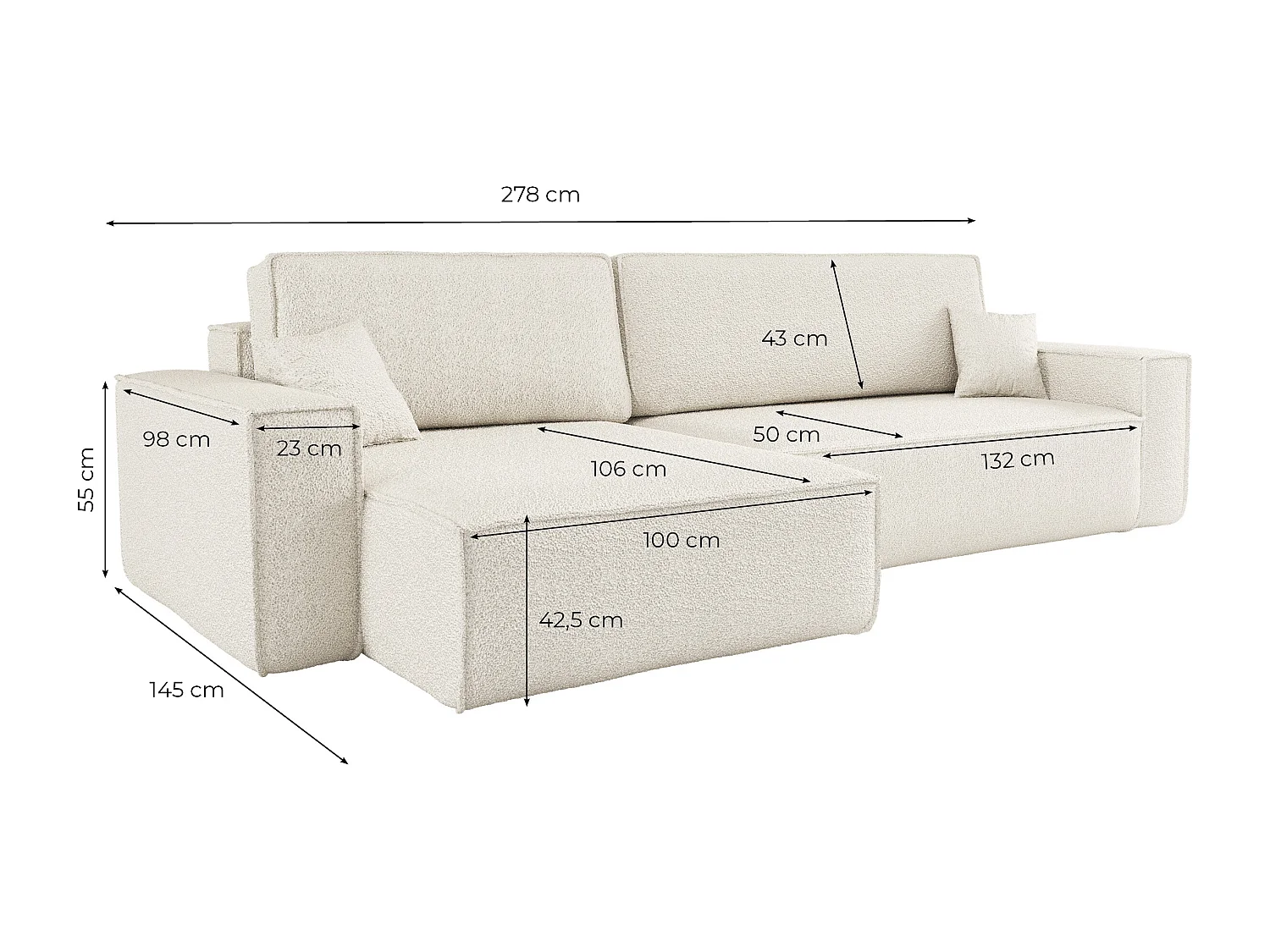 Canapé FARAH d'angle max réversible et convertible 5 places en tissu bouclette - Blanc