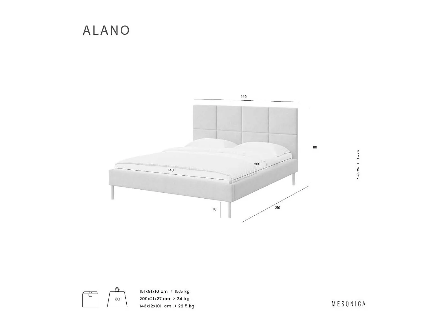 Mesonica Alano Lit, carrés gris, 140x200