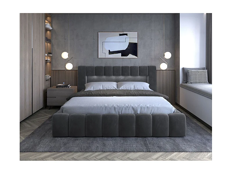 Cadre de lit KENZA avec coffre et éclairage LED en velours - Gris anthracite