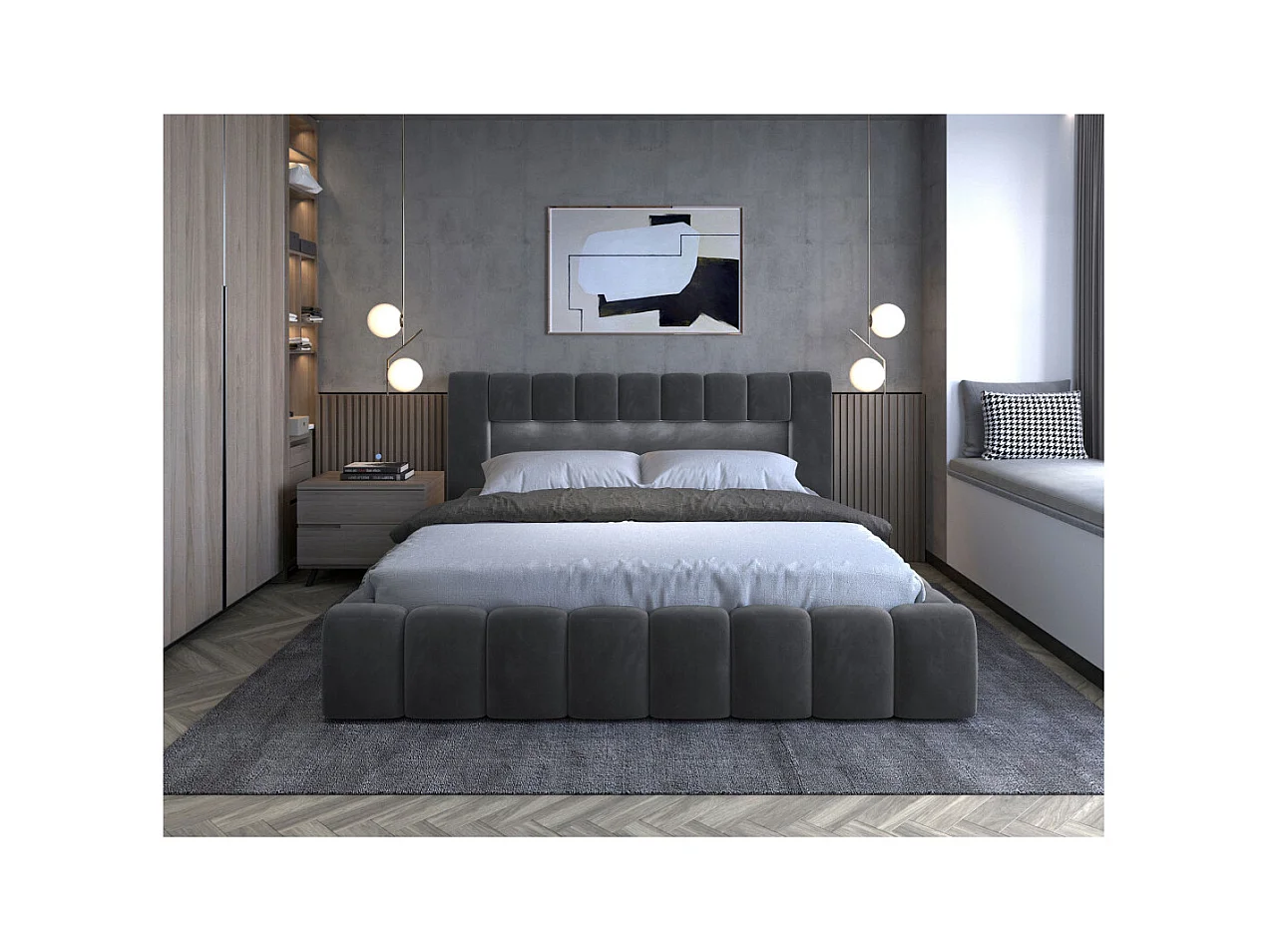 Cadre de lit KENZA avec coffre et éclairage LED en velours - Gris anthracite