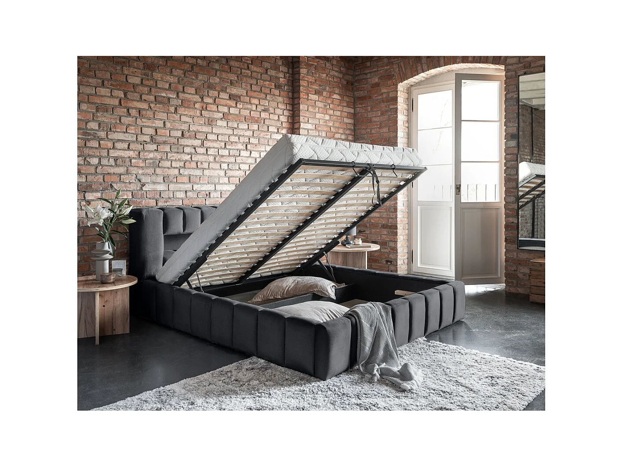 Cadre de lit KENZA avec coffre et éclairage LED en velours - Gris anthracite