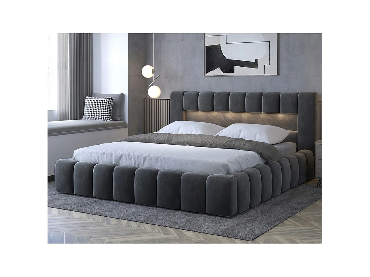 Cadre de lit KENZA avec coffre et éclairage LED en velours - Gris anthracite