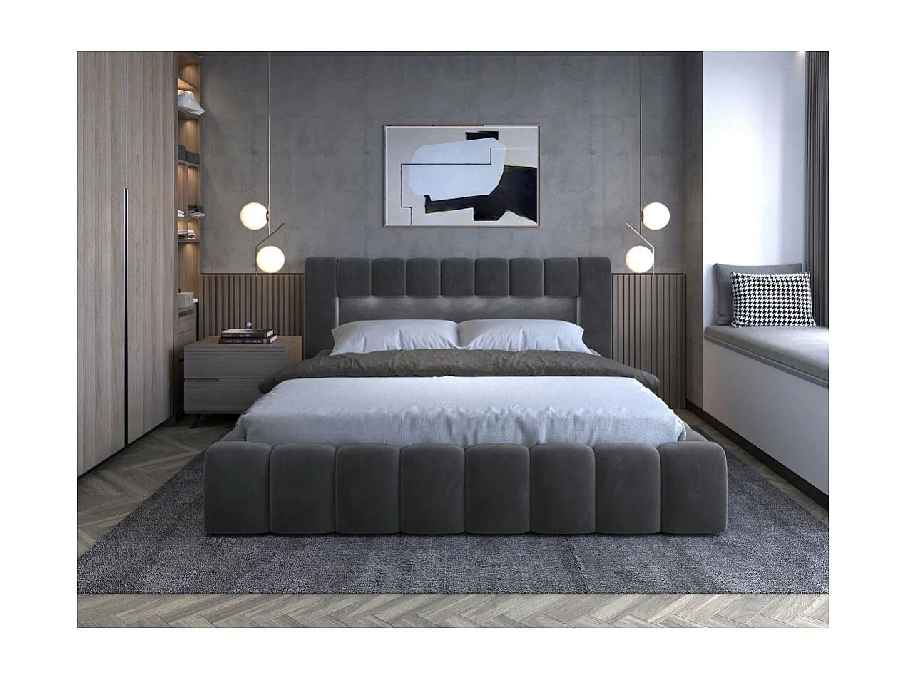 Cadre de lit KENZA avec coffre et éclairage LED en velours - Gris anthracite