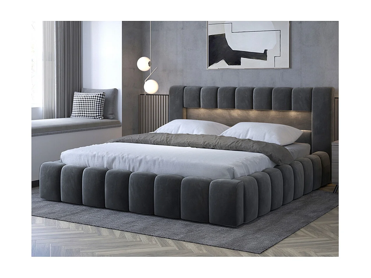 Cadre de lit KENZA avec coffre et éclairage LED en velours - Gris anthracite