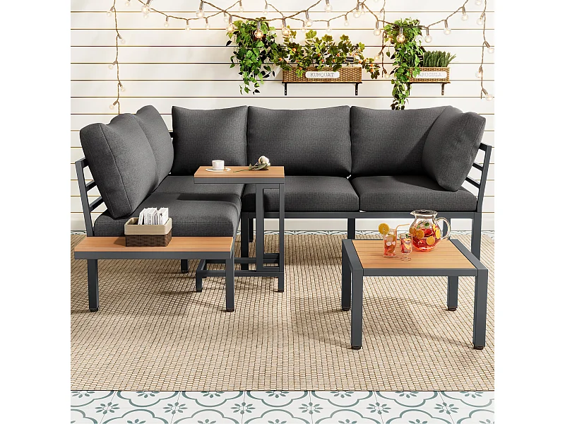 Tuinset - 4 plaatsen - verzinkt staal - hoekbank - 1 bijzettafel - 1 kruk - kunststof hout tafelblad - Grijs