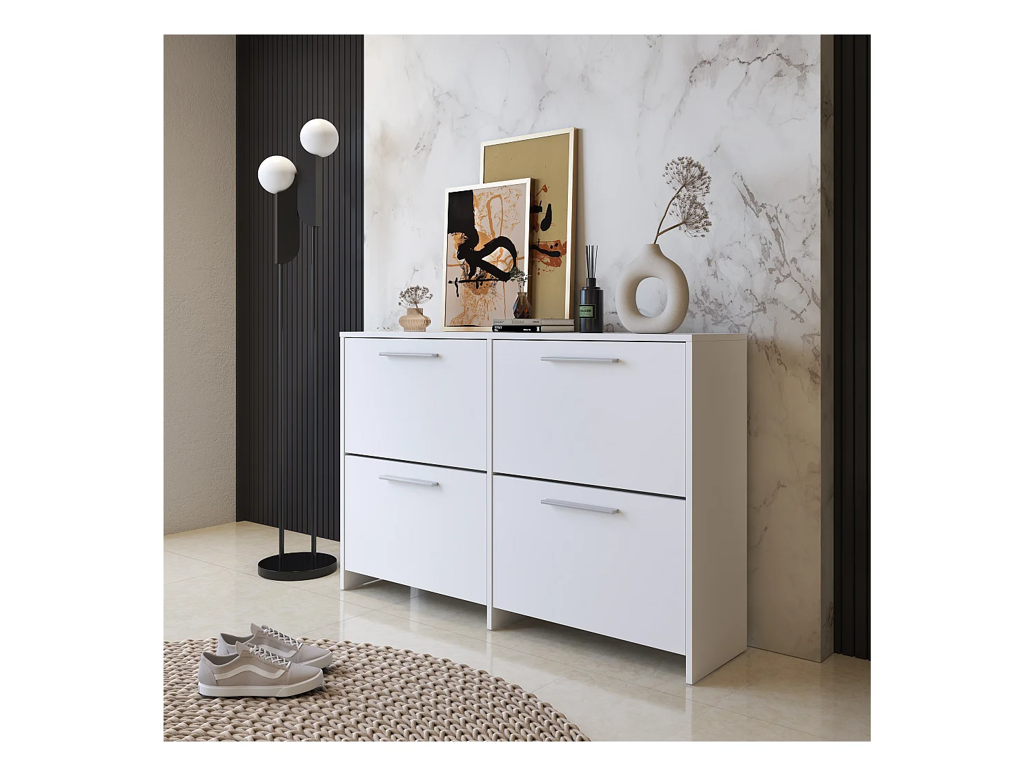 Scarpiera salvaspazio 4 Ante A Ribalta Moderna Maniglie In Alluminio Mobile Ingresso Slim Salvaspazio Per Scarpe Design Minimal Bassa 79.4 x 120 x 28 Cm Bianco