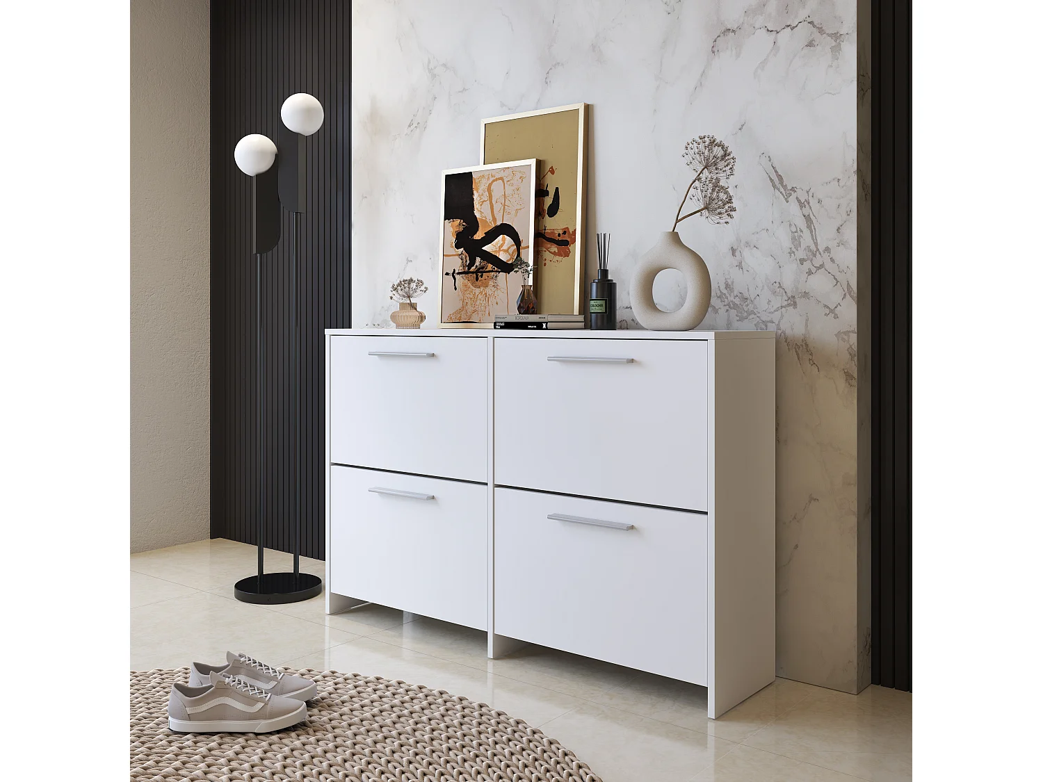 Scarpiera salvaspazio 4 Ante A Ribalta Moderna Maniglie In Alluminio Mobile Ingresso Slim Salvaspazio Per Scarpe Design Minimal Bassa 79.4 x 120 x 28 Cm Bianco
