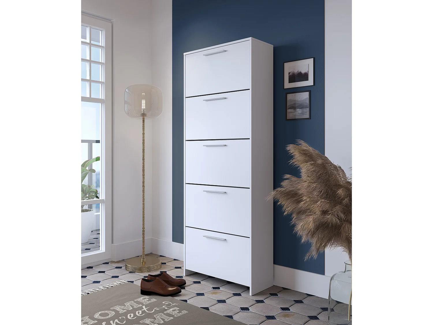 Scarpiera salvaspazio 5 Ante A Ribalta Moderna Maniglie In Alluminio Mobile Ingresso Slim Per Scarpe Portascarpe Design Minimal Alta Grande 187 x 68.5 x 28Cm Bianco