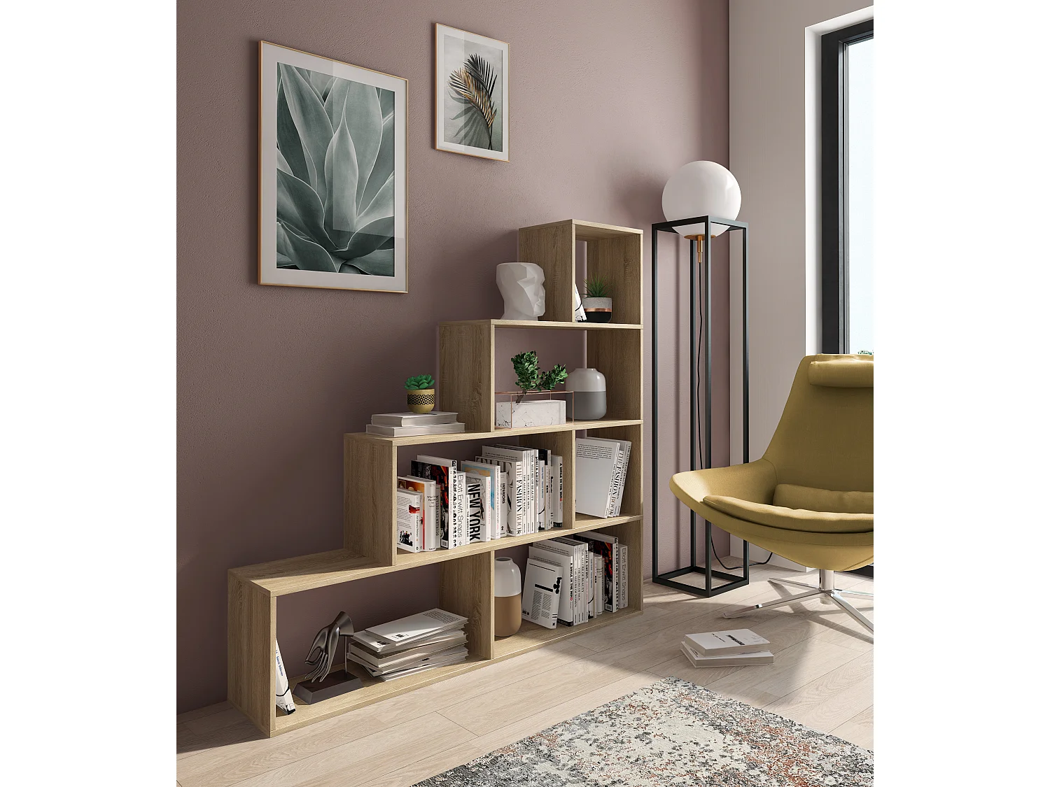 Libreria Design Zig Zag Scaffale Mensola Moderna 6 Vani A Giorni E Ripiani Mobile per Libri per Soggiorno Salotto Camera Studio 143 x 144.9 x 27.9 Cm Rovere