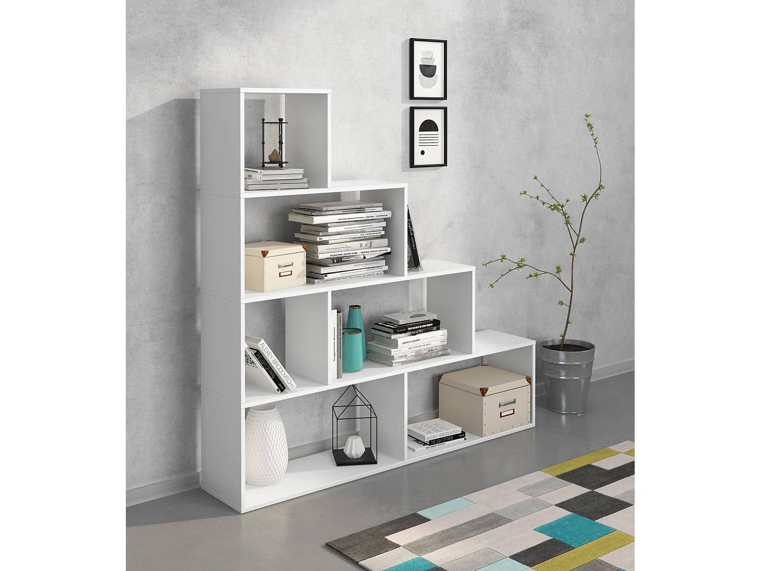 Libreria Design Zig Zag Scaffale Mensola Moderna 6 Vani A Giorni E Ripiani Mobile per Libri per Soggiorno Salotto Camera Studio 143 x 144.9 x 27.9 Cm Bianco