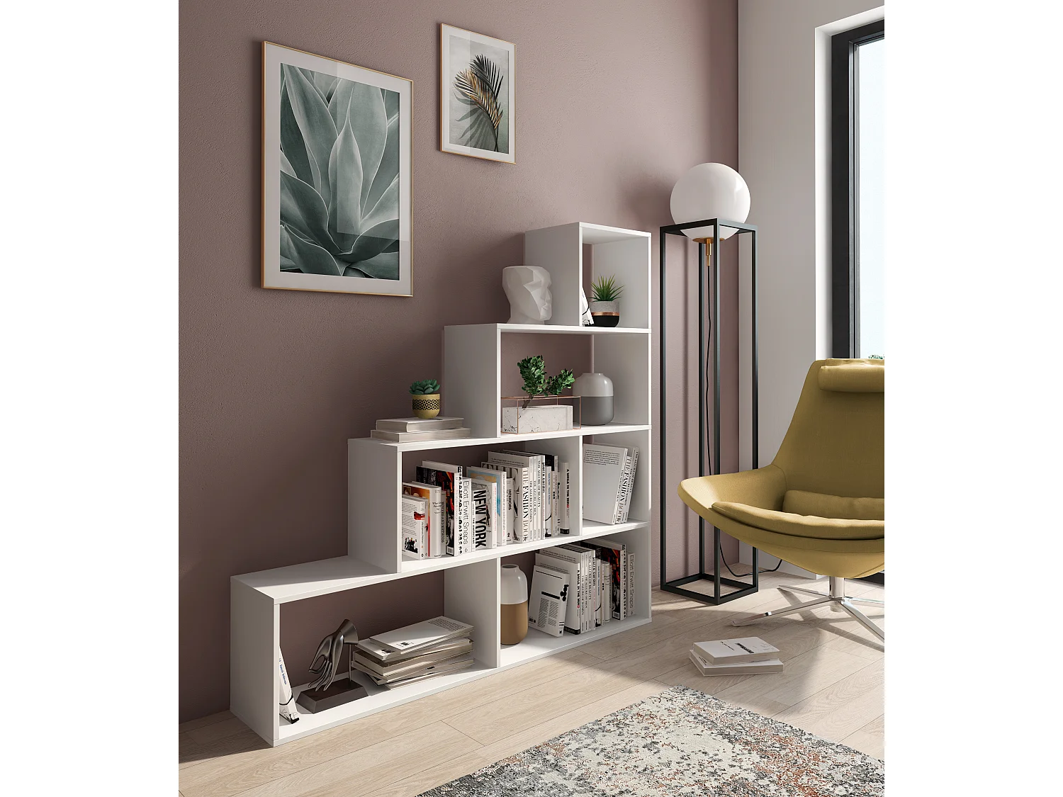 Libreria Design Zig Zag Scaffale Mensola Moderna 6 Vani A Giorni E Ripiani Mobile per Libri per Soggiorno Salotto Camera Studio 143 x 144.9 x 27.9 Cm Bianco