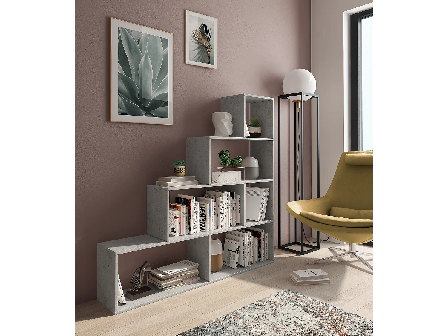 Libreria Design Zig Zag Scaffale Mensola Moderna 6 Vani A Giorni E Ripiani Mobile per Libri per Soggiorno Salotto Camera Studio 143 x 144.9 x 27.9 Cm Grigio Cemento