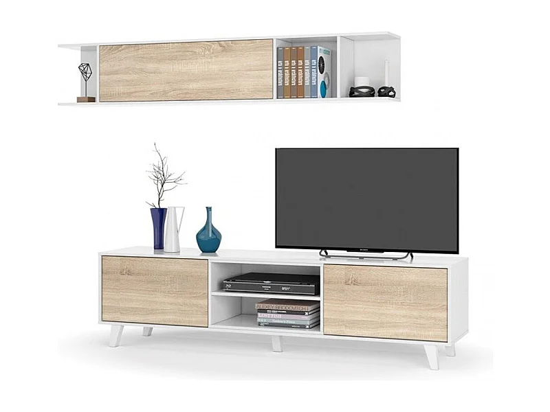 Parete Attrezzata Da Soggiorno Salotto Mobile TV Ante Soft Close Pensile Con Mensola Dsign Moderno Elegante Resistente 180 x 41 x 43 Cm Bianco Lucido E Rovere