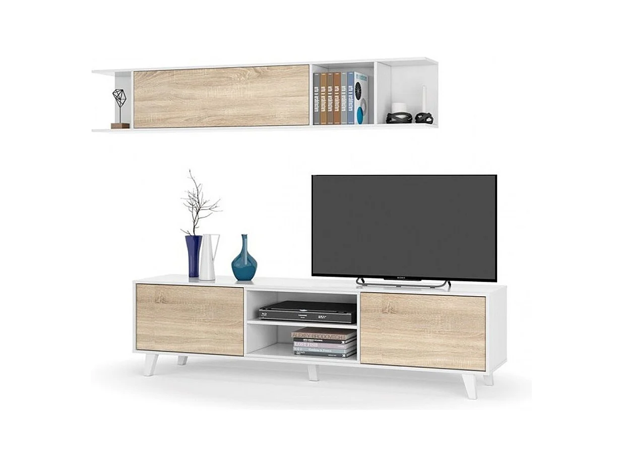 Parete Attrezzata Da Soggiorno Salotto Mobile TV Ante Soft Close Pensile Con Mensola Dsign Moderno Elegante Resistente 180 x 41 x 43 Cm Bianco Lucido E Rovere