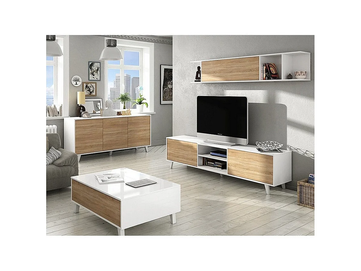 Parete Attrezzata Da Soggiorno Salotto Mobile TV Ante Soft Close Pensile Con Mensola Dsign Moderno Elegante Resistente 180 x 41 x 43 Cm Bianco Lucido E Rovere
