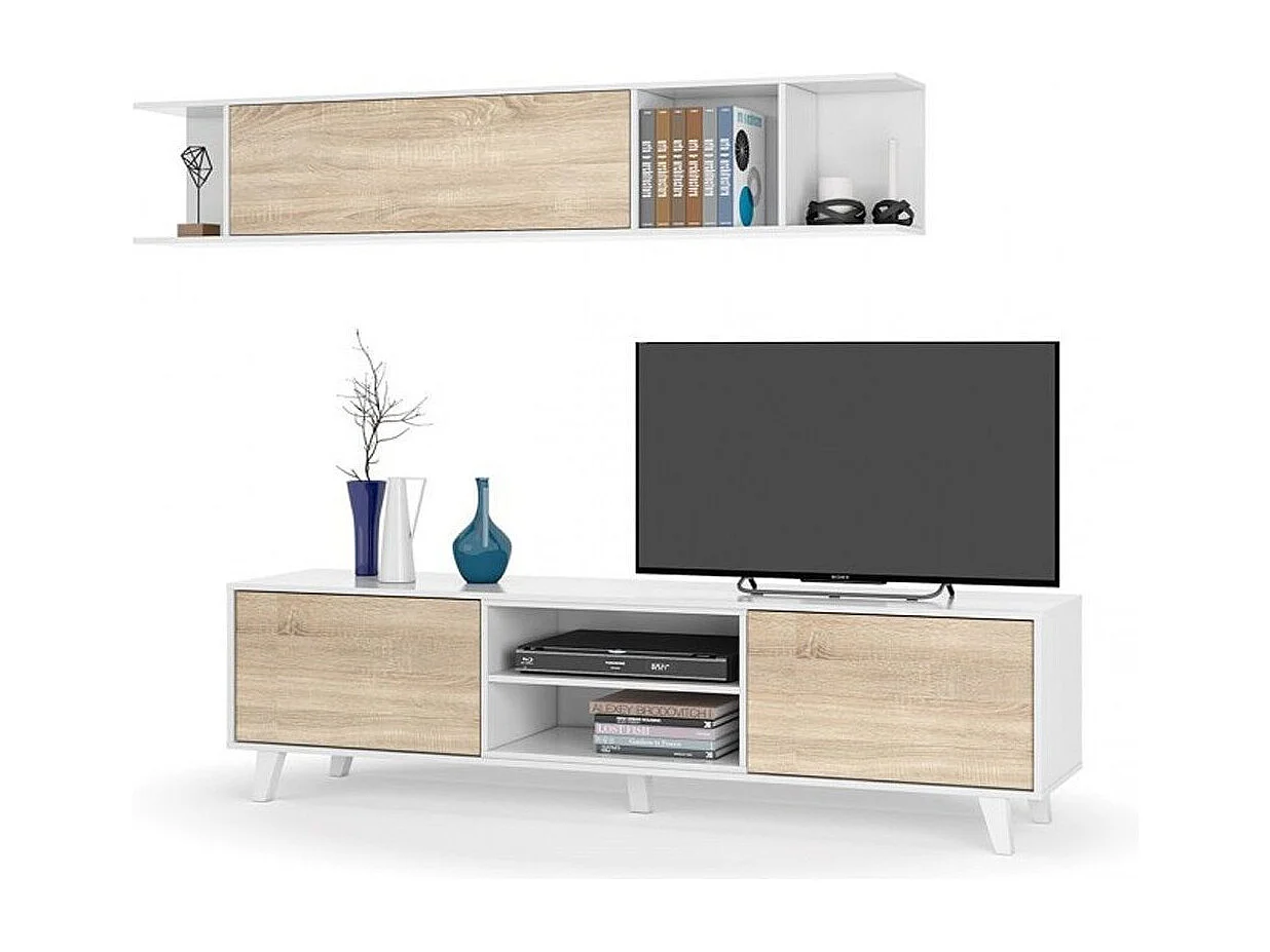 Parete Attrezzata Da Soggiorno Salotto Mobile TV Ante Soft Close Pensile Con Mensola Dsign Moderno Elegante Resistente 180 x 41 x 43 Cm Bianco Lucido E Rovere