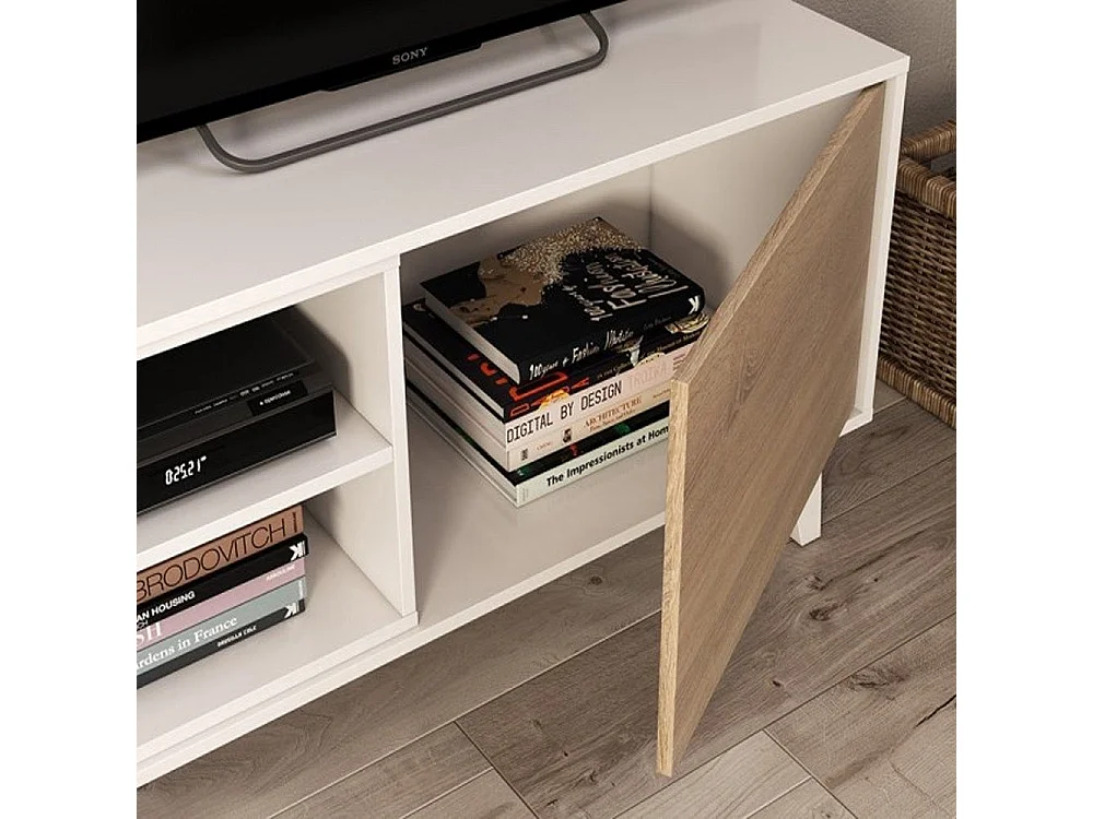 Parete Attrezzata Da Soggiorno Salotto Mobile TV Ante Soft Close Pensile Con Mensola Dsign Moderno Elegante Resistente 180 x 41 x 43 Cm Bianco Lucido E Rovere