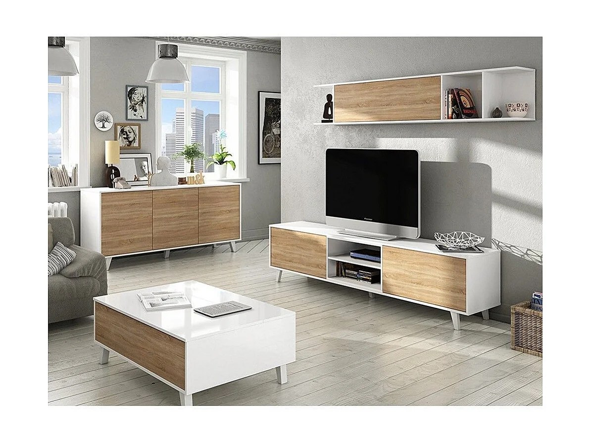 Parete Attrezzata Da Soggiorno Salotto Mobile TV Ante Soft Close Pensile Con Mensola Dsign Moderno Elegante Resistente 180 x 41 x 43 Cm Bianco Lucido E Rovere