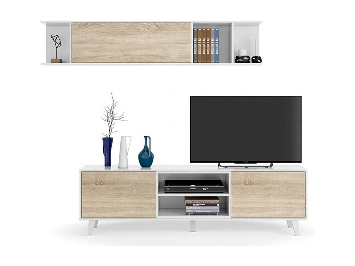 Parete Attrezzata Da Soggiorno Salotto Mobile TV Ante Soft Close Pensile Con Mensola Dsign Moderno Elegante Resistente 180 x 41 x 43 Cm Bianco Lucido E Rovere