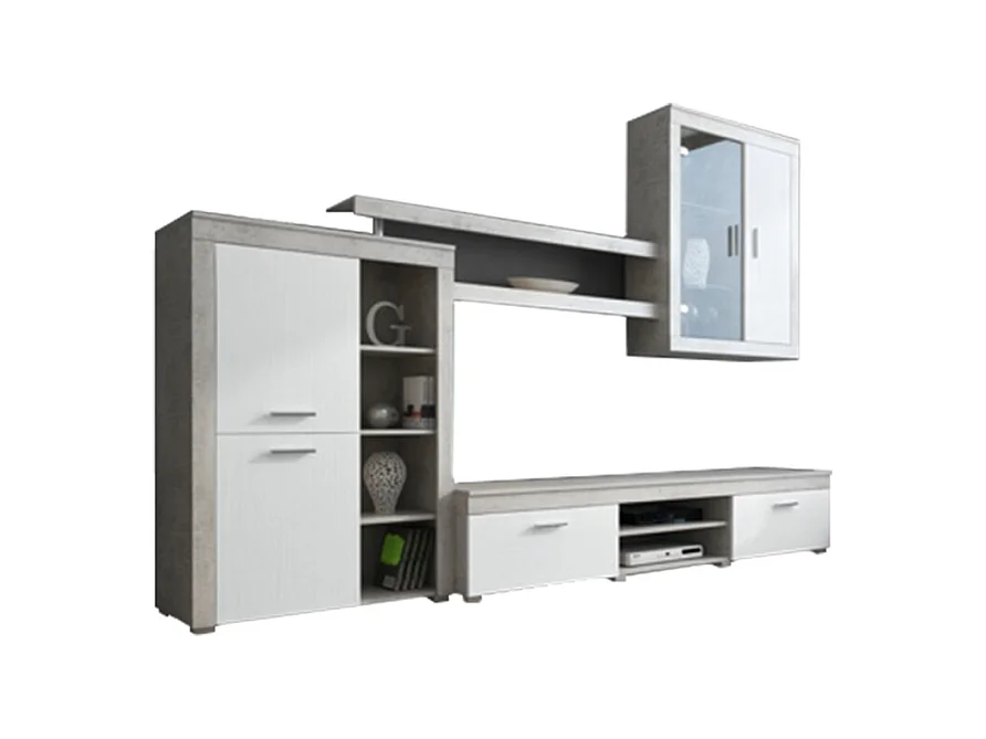 Parete Attrezzata Da Soggiorno Salotto Moderna Con Ante Mensole Vani A Giorno Vetrinetta Mobile TV Design Moderno 293x193x50 Cm Bianco Grigio Cemento