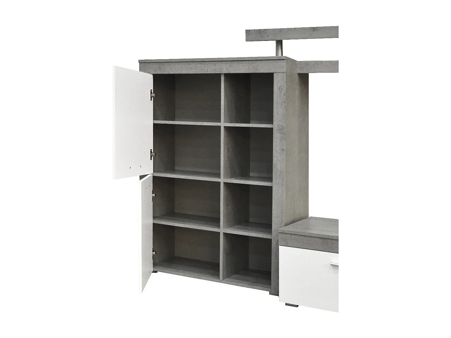 Parete Attrezzata Da Soggiorno Salotto Moderna Con Ante Vani A Giorno Vetrinetta Mobile TV Design Moderno Moduli Sospesi 293 x 193 x 50 Cm Bianco E Grigio Cemento