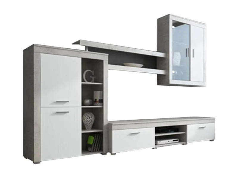 Parete Attrezzata Da Soggiorno Salotto Moderna Con Ante Vani A Giorno Vetrinetta Mobile TV Design Moderno Moduli Sospesi 293 x 193 x 50 Cm Bianco E Grigio Cemento