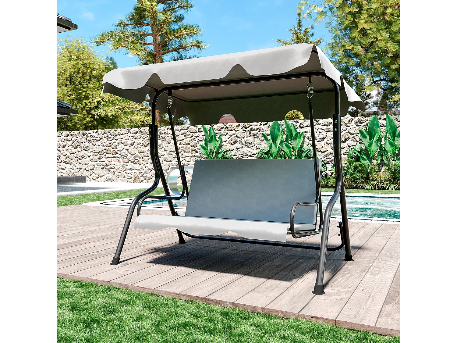 Dondolo 3 Posti Algarve Con Tettuccio Parasole Regolabile Cuscini Imbottiti Struttura Robusta In Acciaio Verniciato Da Giardino Balcone 170 x 110 x 153 cm (Grigio)