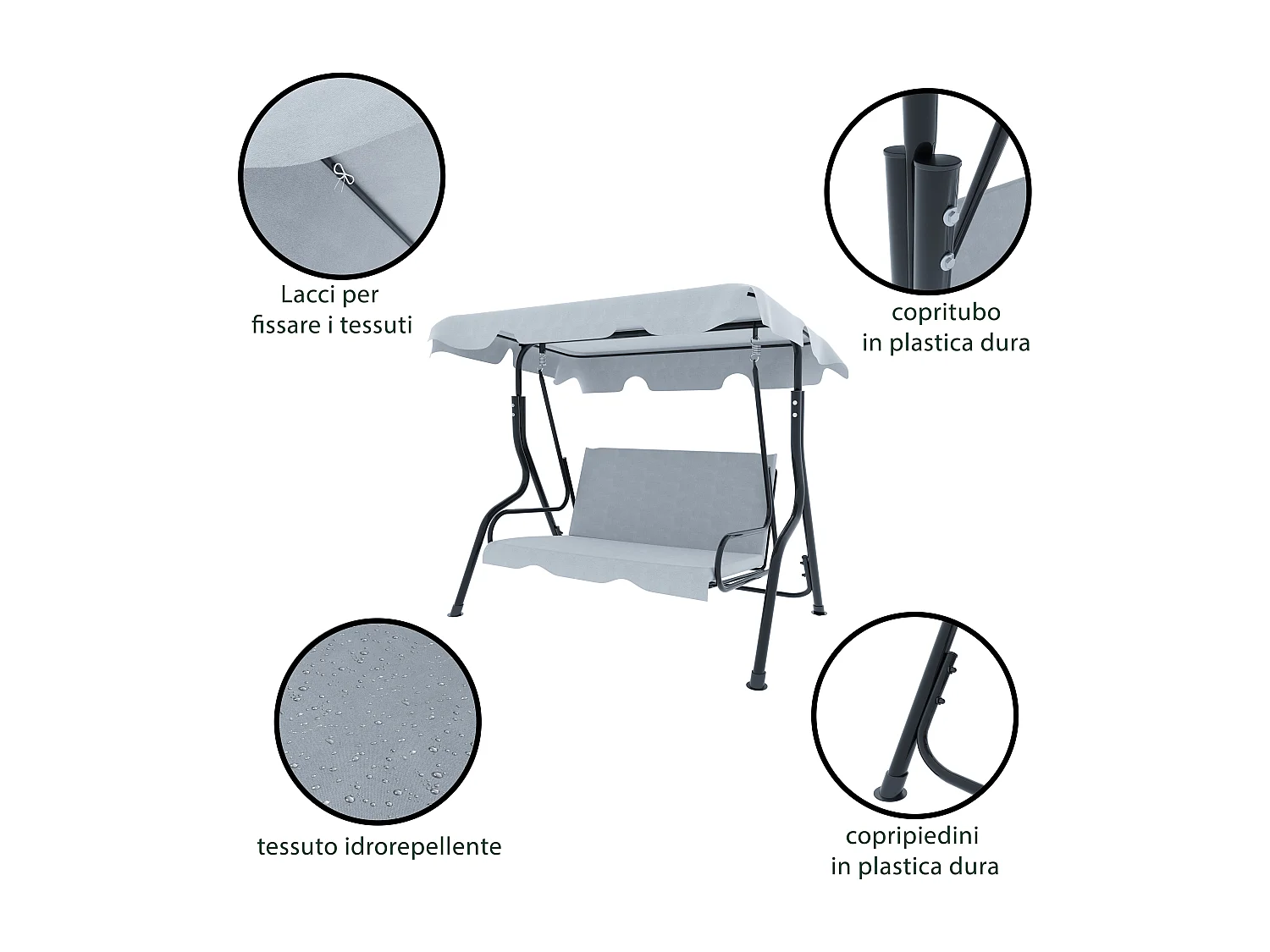 Dondolo 3 Posti Algarve Con Tettuccio Parasole Regolabile Cuscini Imbottiti Struttura Robusta In Acciaio Verniciato Da Giardino Balcone 170 x 110 x 153 cm (Grigio)