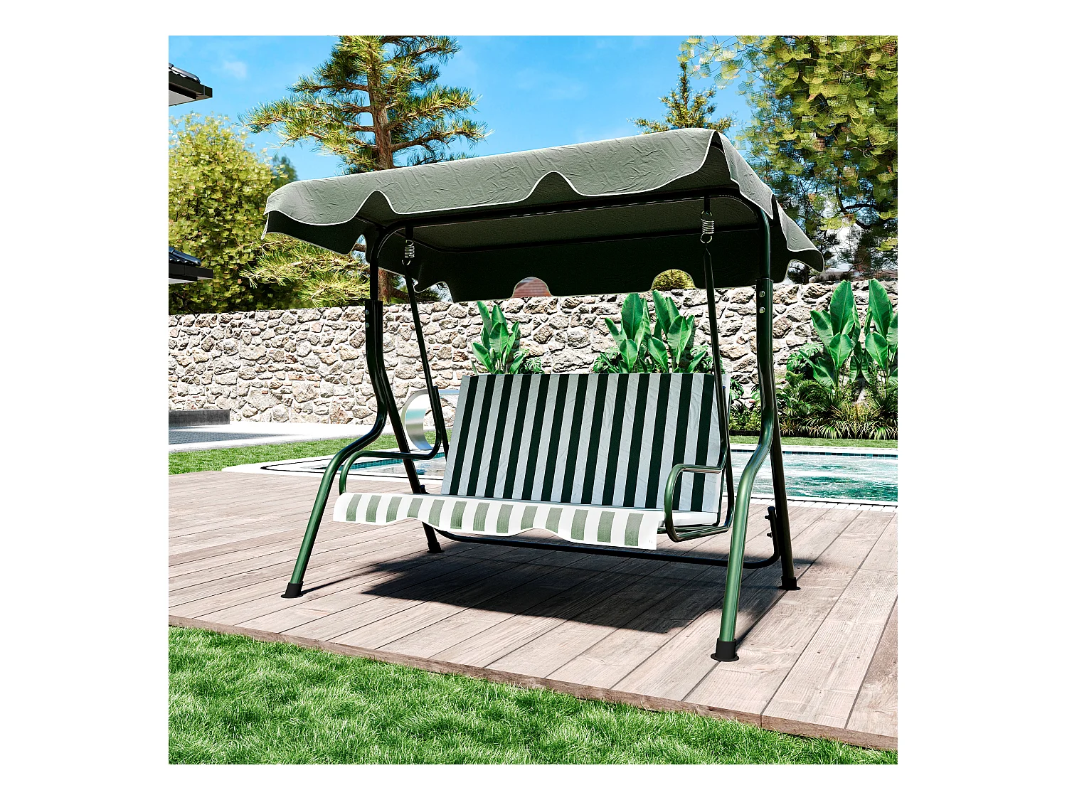 Dondolo 3 Posti Algarve Tettuccio Parasole Regolabile Cuscini Imbottiti Struttura Robusta In Acciaio Verniciato Da Giardino Balcone 170 x 110 x 153cm Verde E Bianco