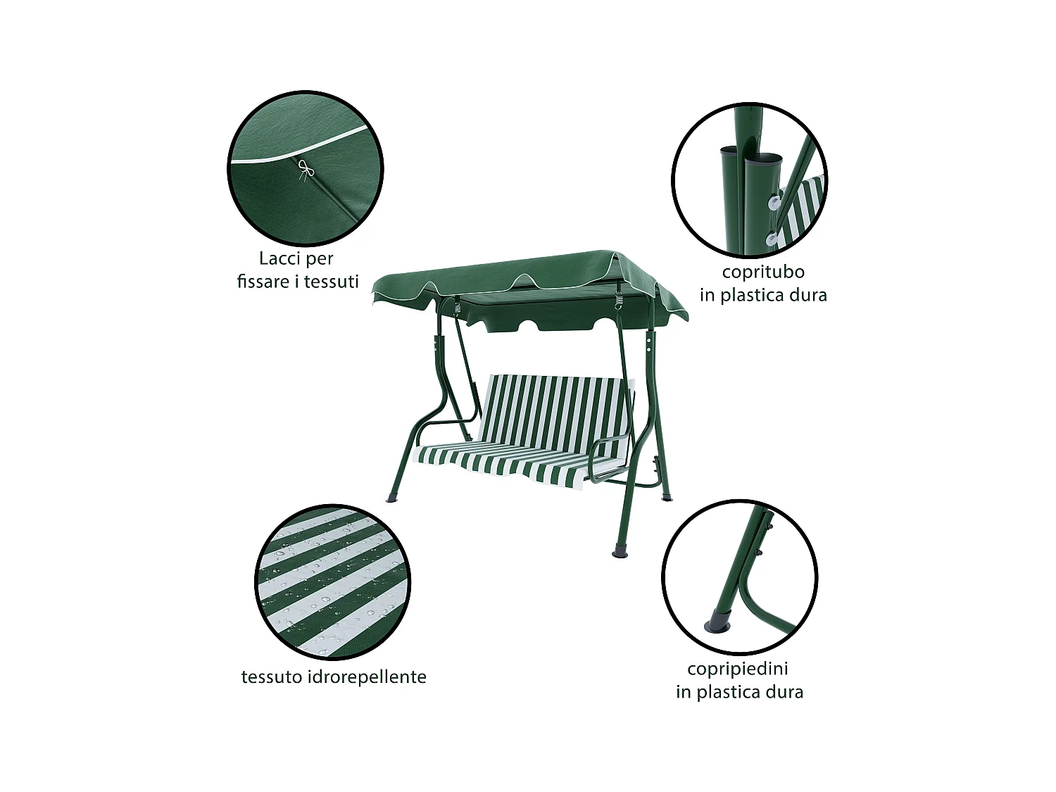 Dondolo 3 Posti Algarve Tettuccio Parasole Regolabile Cuscini Imbottiti Struttura Robusta In Acciaio Verniciato Da Giardino Balcone 170 x 110 x 153cm Verde E Bianco