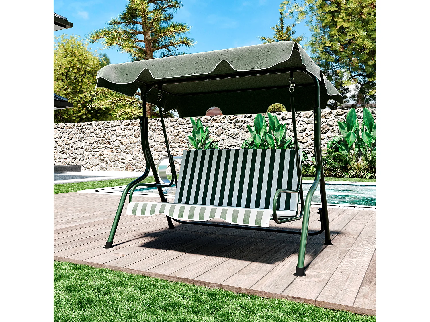 Dondolo 3 Posti Algarve Tettuccio Parasole Regolabile Cuscini Imbottiti Struttura Robusta In Acciaio Verniciato Da Giardino Balcone 170 x 110 x 153cm Verde E Bianco