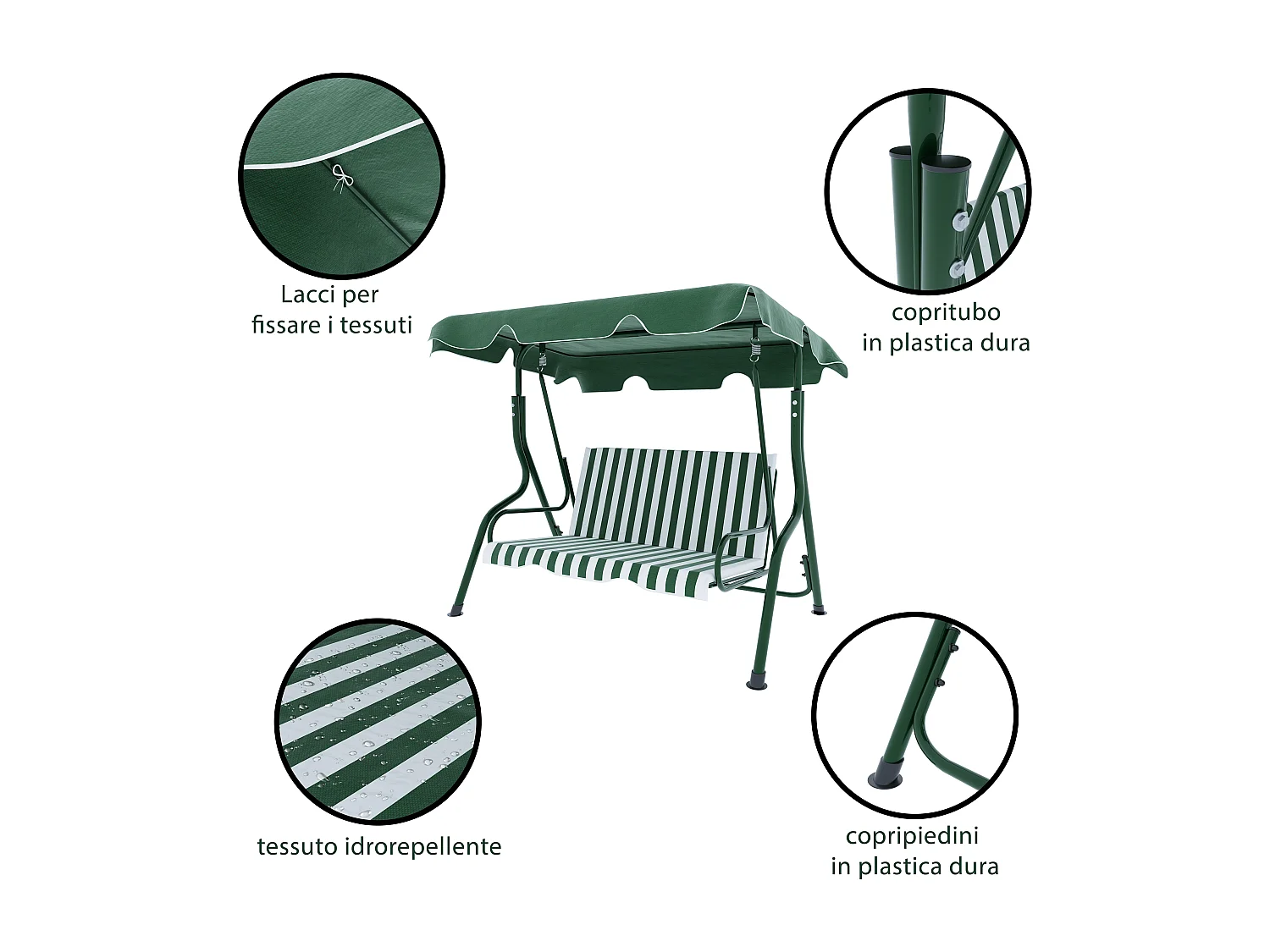 Dondolo 3 Posti Algarve Tettuccio Parasole Regolabile Cuscini Imbottiti Struttura Robusta In Acciaio Verniciato Da Giardino Balcone 170 x 110 x 153cm Verde E Bianco