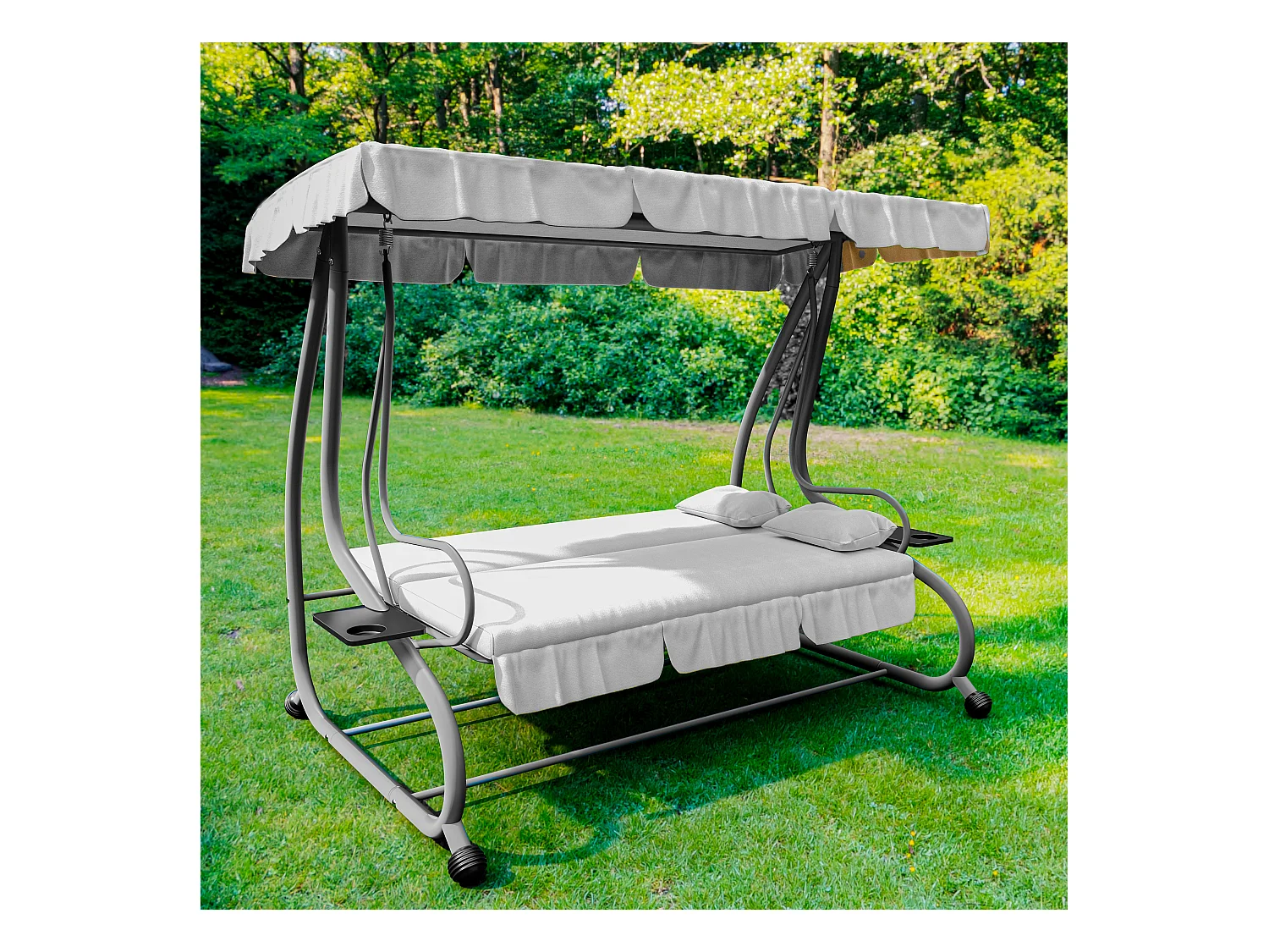 Dondolo 3 Posti Reclinabile Tettuccio Parasole Regolabile Cuscini Imbottiti Diventa Letto Struttura Robusta In Acciaio 200 x 120 x 160 cm Grigio