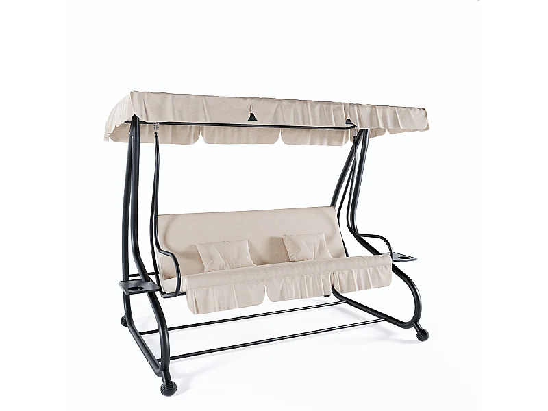 Dondolo 3 Posti Reclinabile Tettuccio Parasole Regolabile Cuscini Imbottiti Diventa Letto Struttura Robusta In Acciaio 200 x 120 x 160 cm Beige