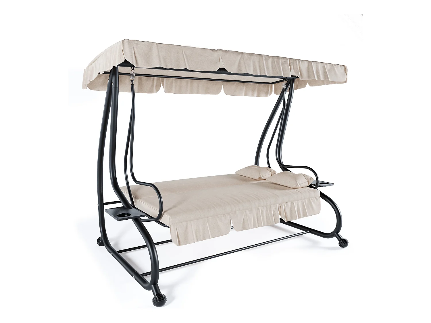 Dondolo 3 Posti Reclinabile Tettuccio Parasole Regolabile Cuscini Imbottiti Diventa Letto Struttura Robusta In Acciaio 200 x 120 x 160 cm Beige