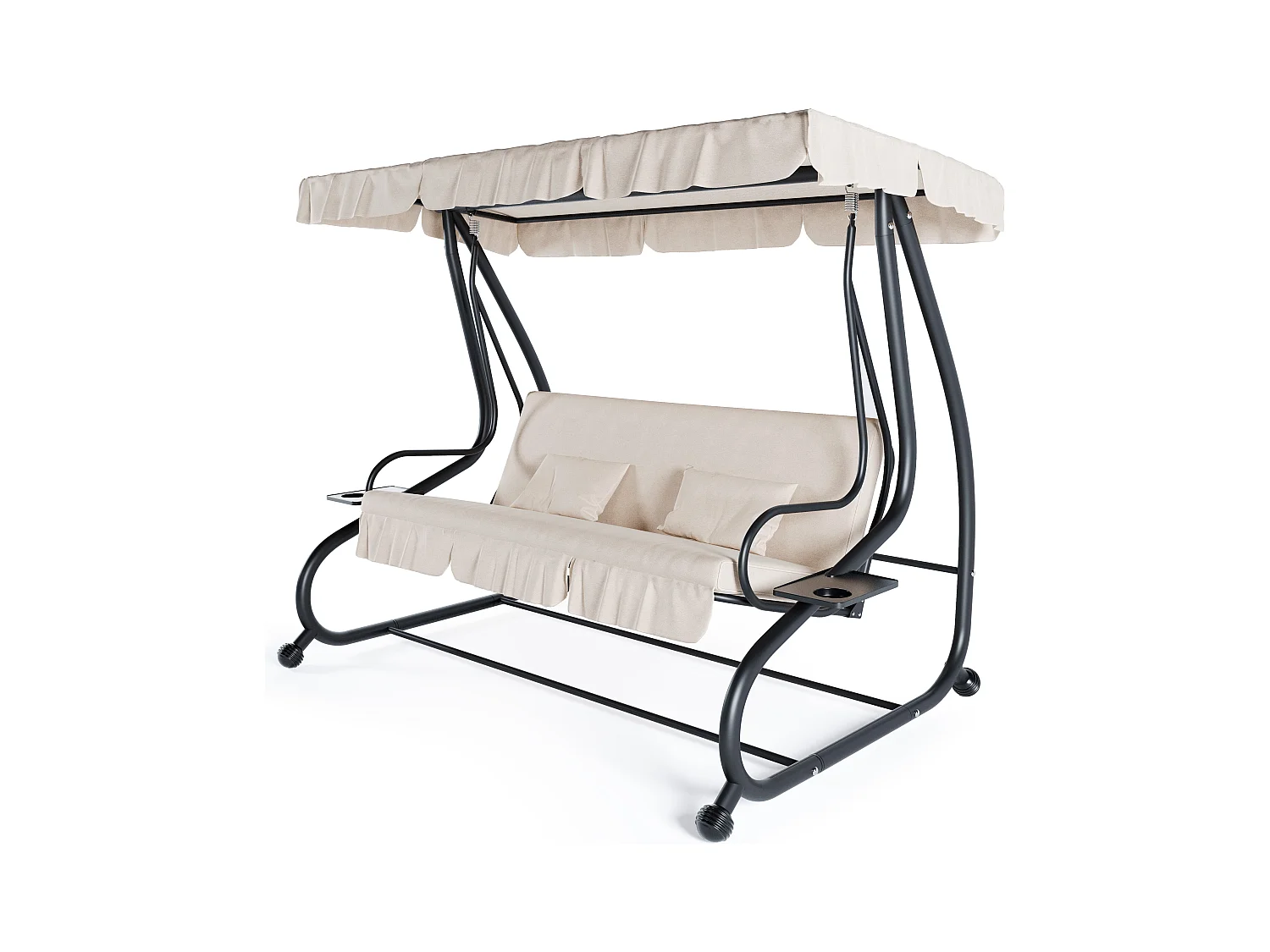 Dondolo 3 Posti Reclinabile Tettuccio Parasole Regolabile Cuscini Imbottiti Diventa Letto Struttura Robusta In Acciaio 200 x 120 x 160 cm Beige