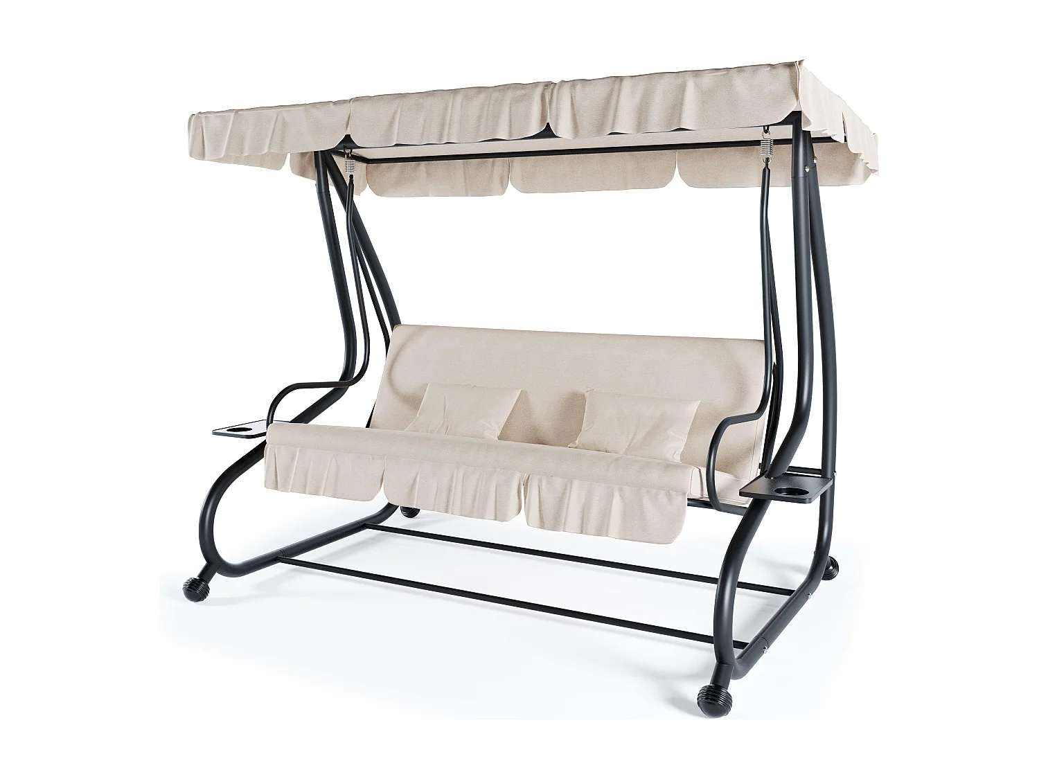 Dondolo 3 Posti Reclinabile Tettuccio Parasole Regolabile Cuscini Imbottiti Diventa Letto Struttura Robusta In Acciaio 200 x 120 x 160 cm Beige