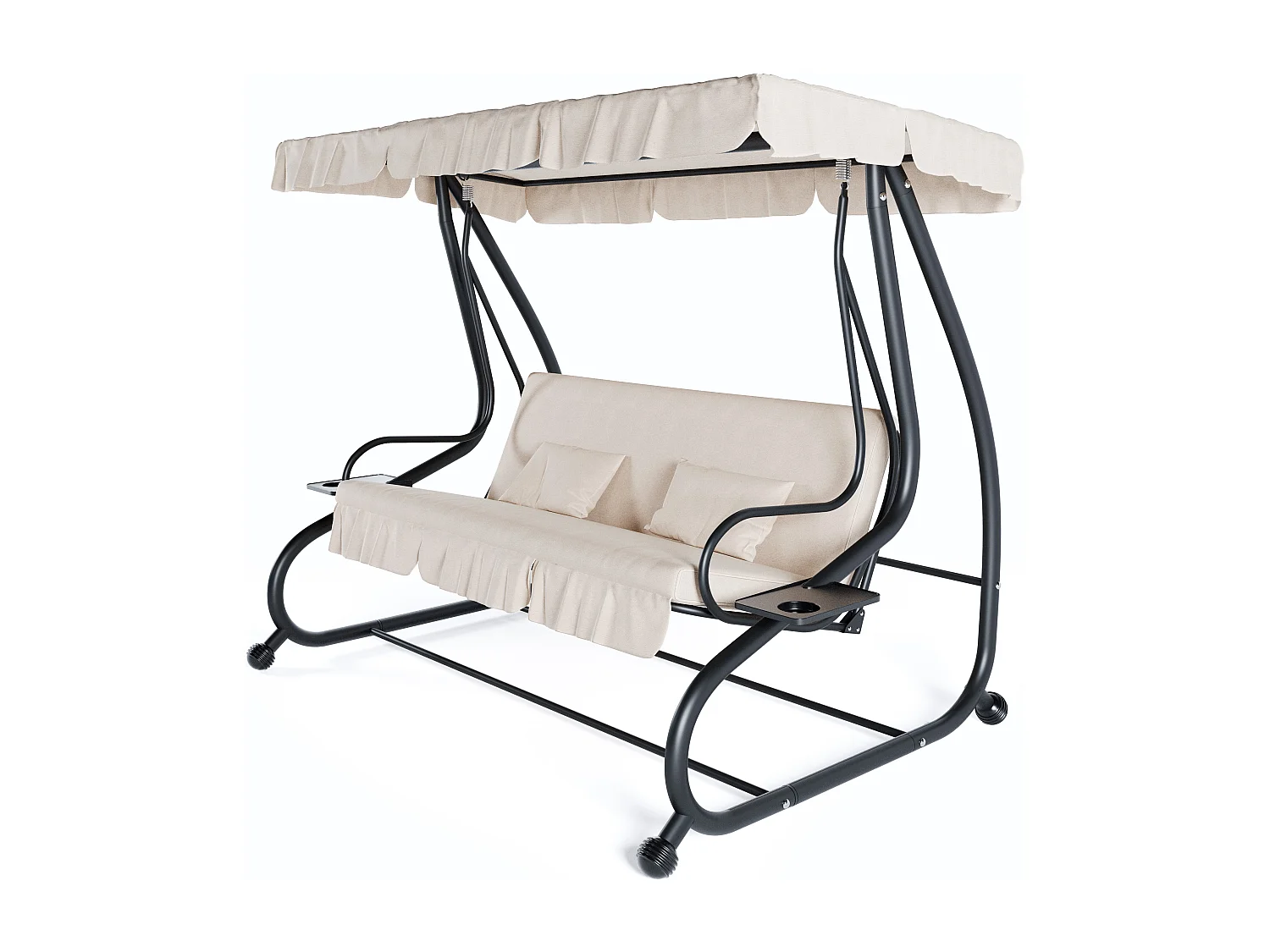 Dondolo 3 Posti Reclinabile Tettuccio Parasole Regolabile Cuscini Imbottiti Diventa Letto Struttura Robusta In Acciaio 200 x 120 x 160 cm Beige