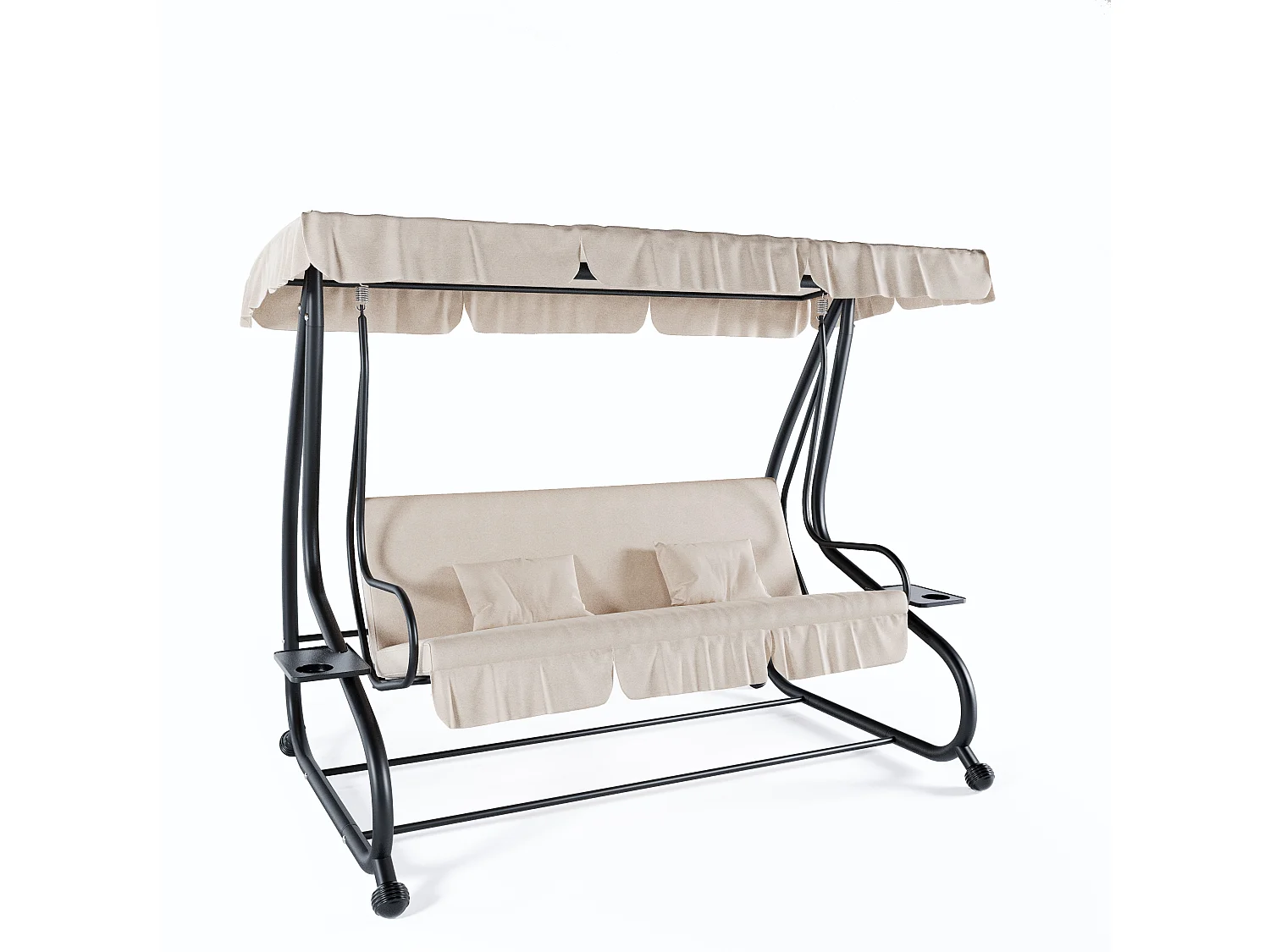 Dondolo 3 Posti Reclinabile Tettuccio Parasole Regolabile Cuscini Imbottiti Diventa Letto Struttura Robusta In Acciaio 200 x 120 x 160 cm Beige