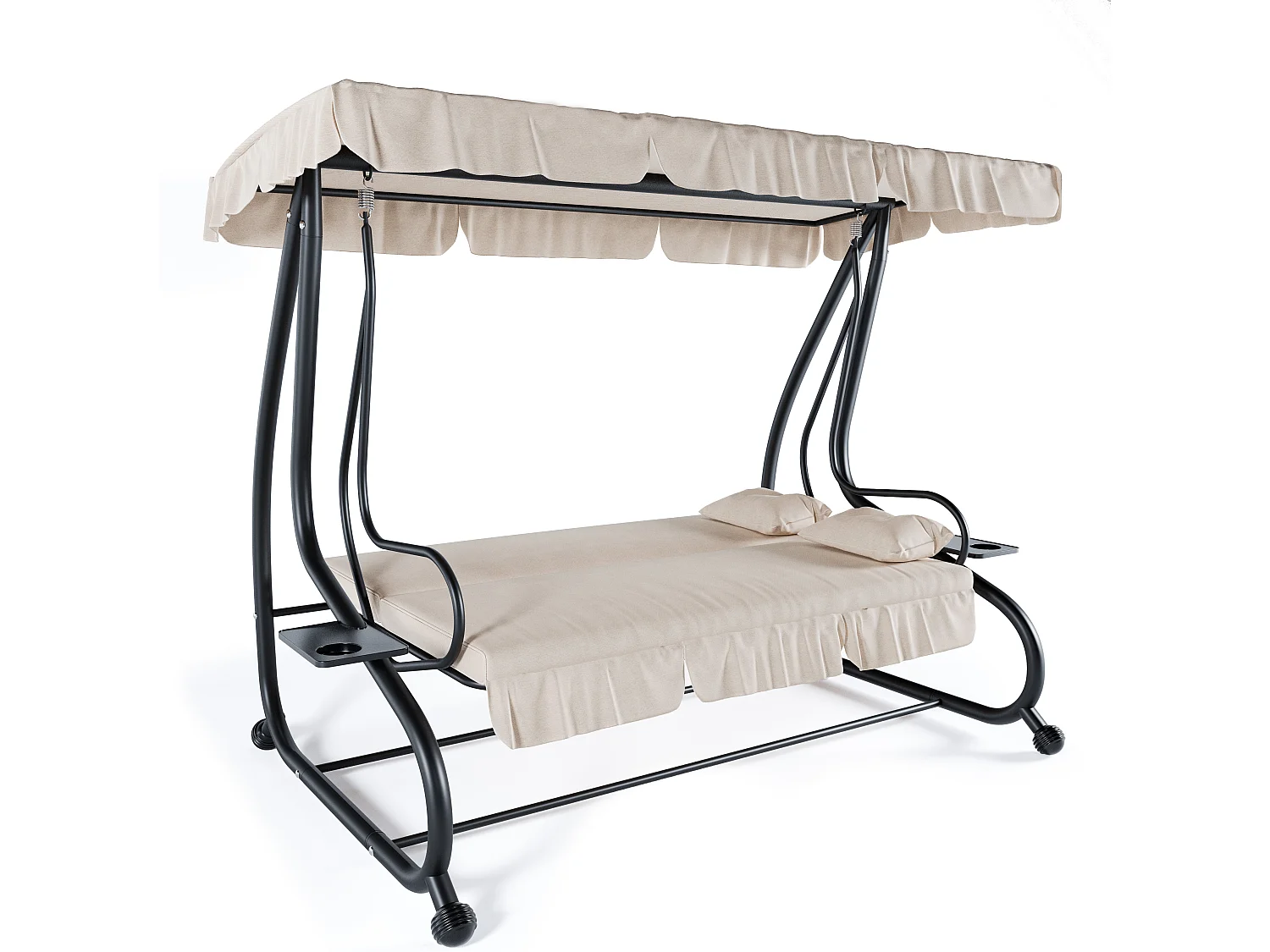 Dondolo 3 Posti Reclinabile Tettuccio Parasole Regolabile Cuscini Imbottiti Diventa Letto Struttura Robusta In Acciaio 200 x 120 x 160 cm Beige