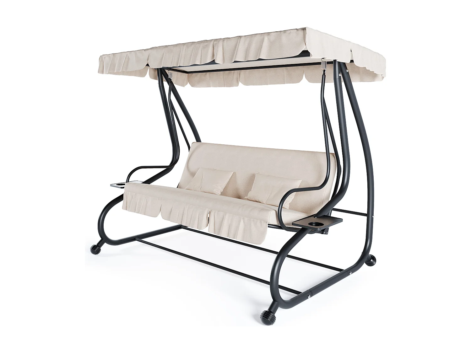 Dondolo 3 Posti Reclinabile Tettuccio Parasole Regolabile Cuscini Imbottiti Diventa Letto Struttura Robusta In Acciaio 200 x 120 x 160 cm Beige