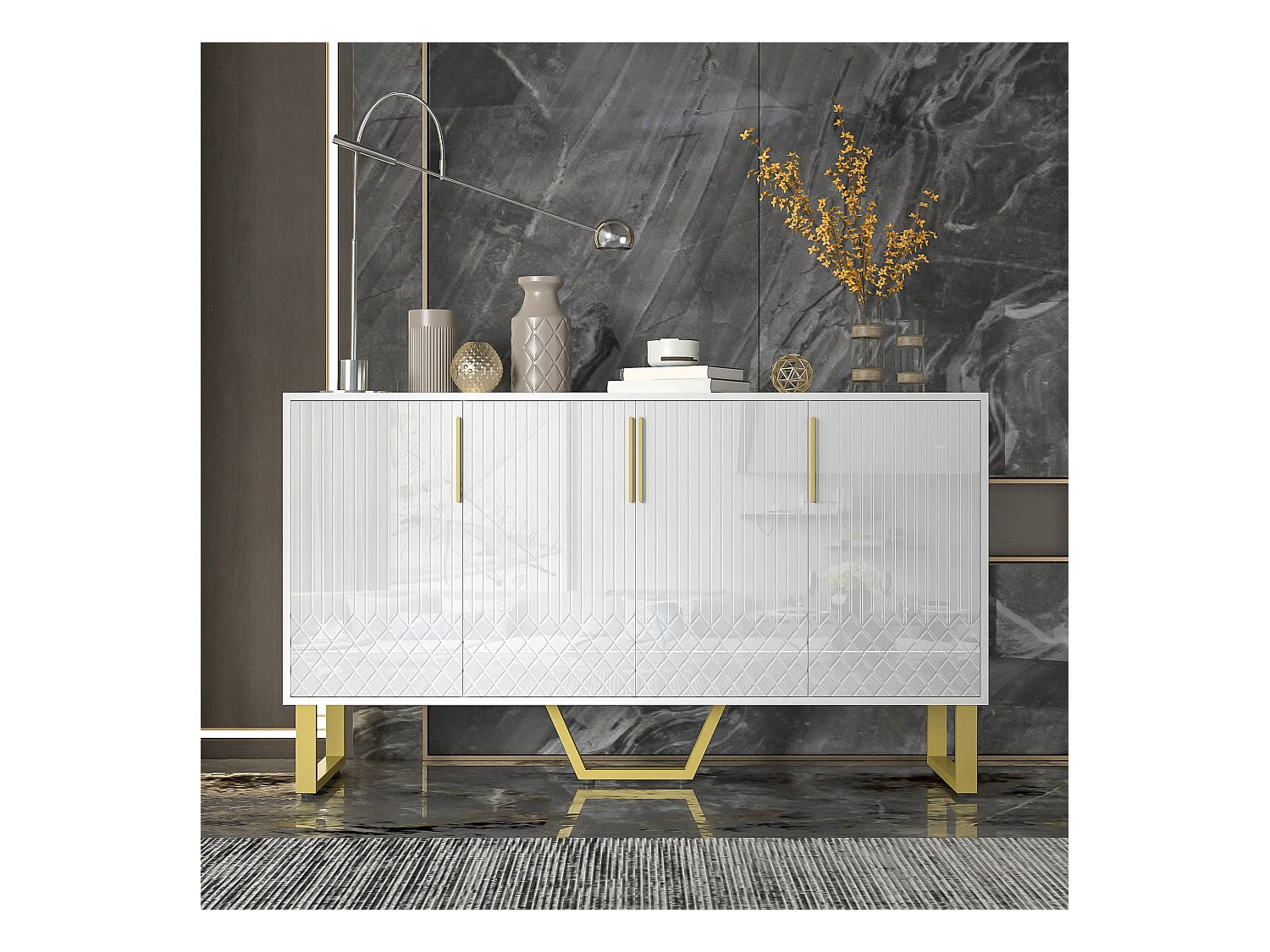 Buffet avec 4 Portes - Design géométrique - Buffet de rangement - 140Lx40Bx80H -  poignées et base en métal - Blanc
