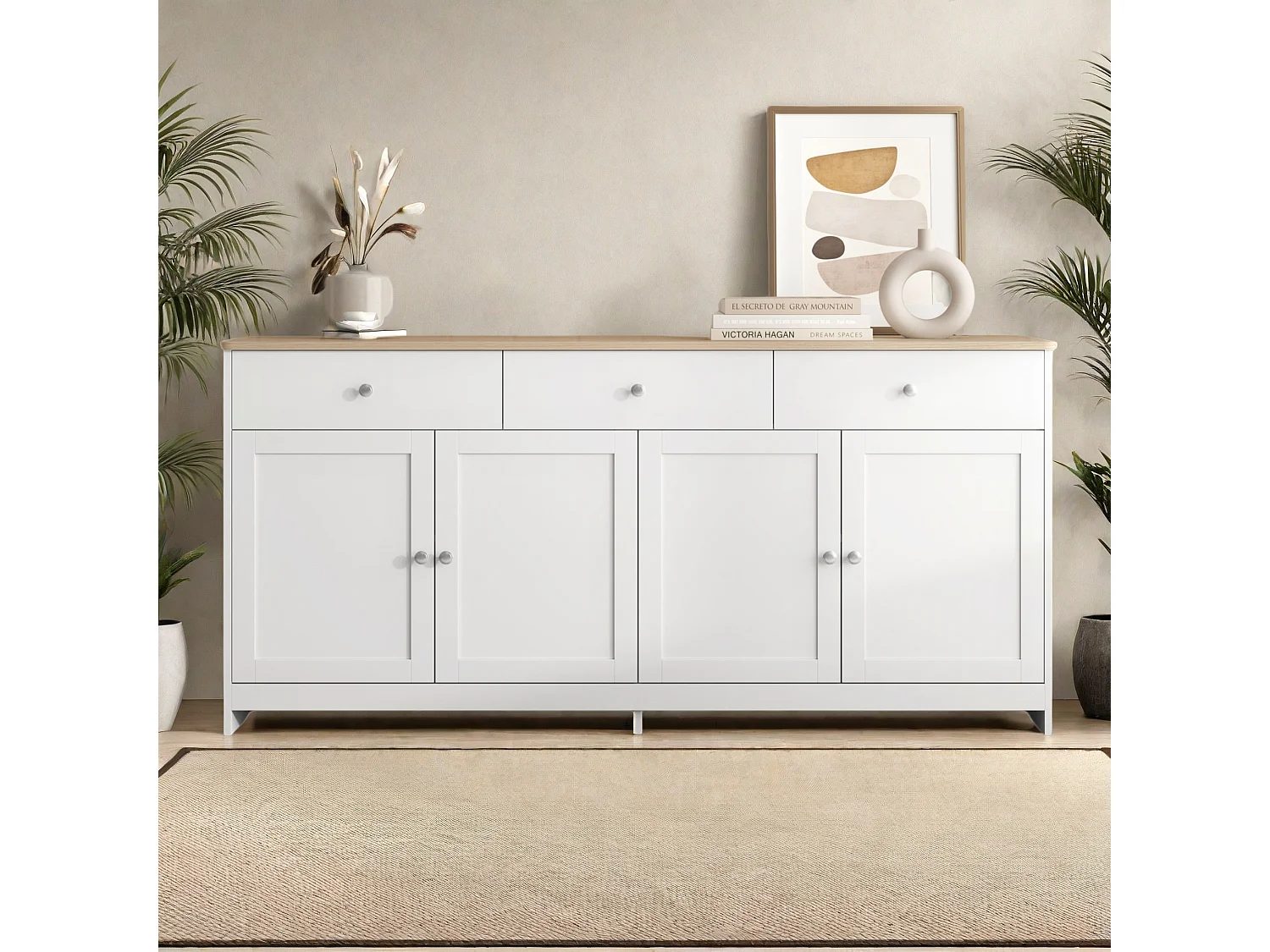 Buffet, Bahut avec 4 Portes et 3 Tiroirs, Meuble de Rangement, Commode, Buffet Bahut de Salon, 160x37x75 cm, Blanc+Bois
