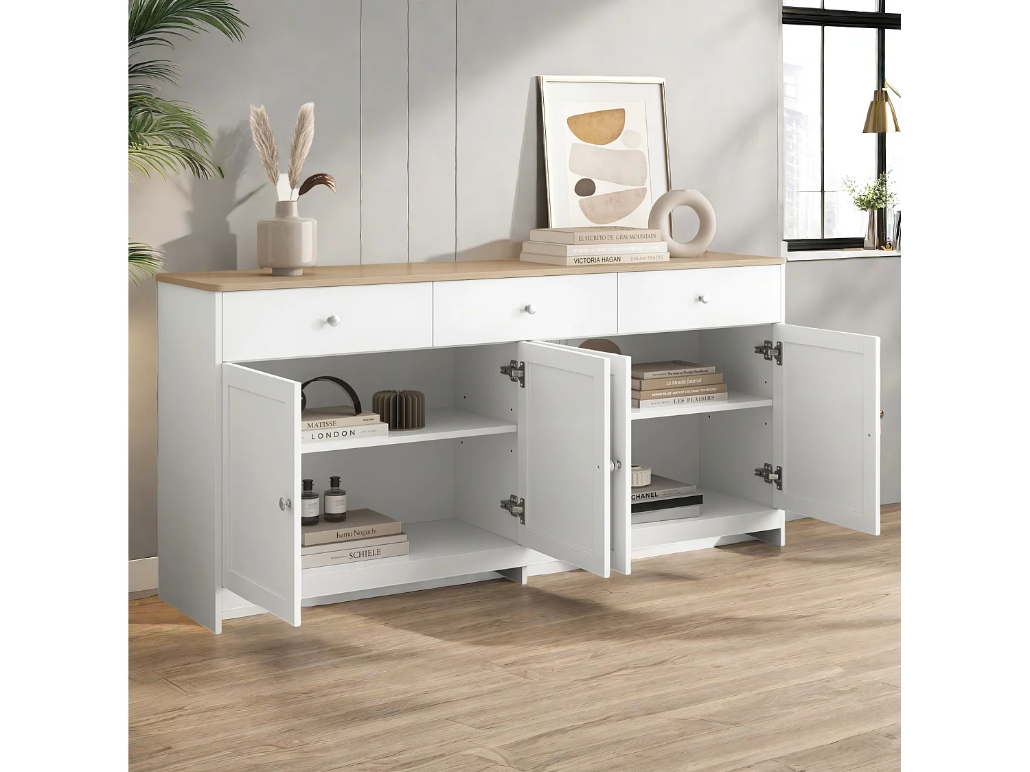 Buffet, Bahut avec 4 Portes et 3 Tiroirs, Meuble de Rangement, Commode, Buffet Bahut de Salon, 160x37x75 cm, Blanc+Bois