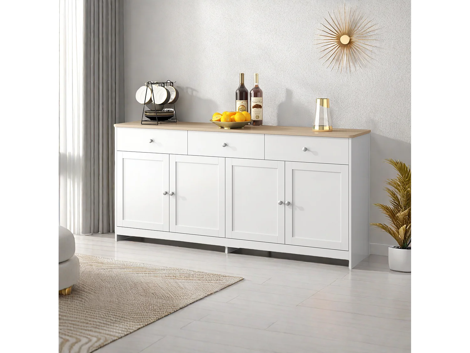 Buffet, Bahut avec 4 Portes et 3 Tiroirs, Meuble de Rangement, Commode, Buffet Bahut de Salon, 160x37x75 cm, Blanc+Bois